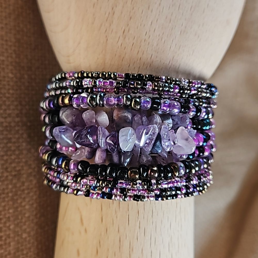 Whimsy Goth Beaded Cuff Bracelet Purple Black Pink - Picture 3 of 8